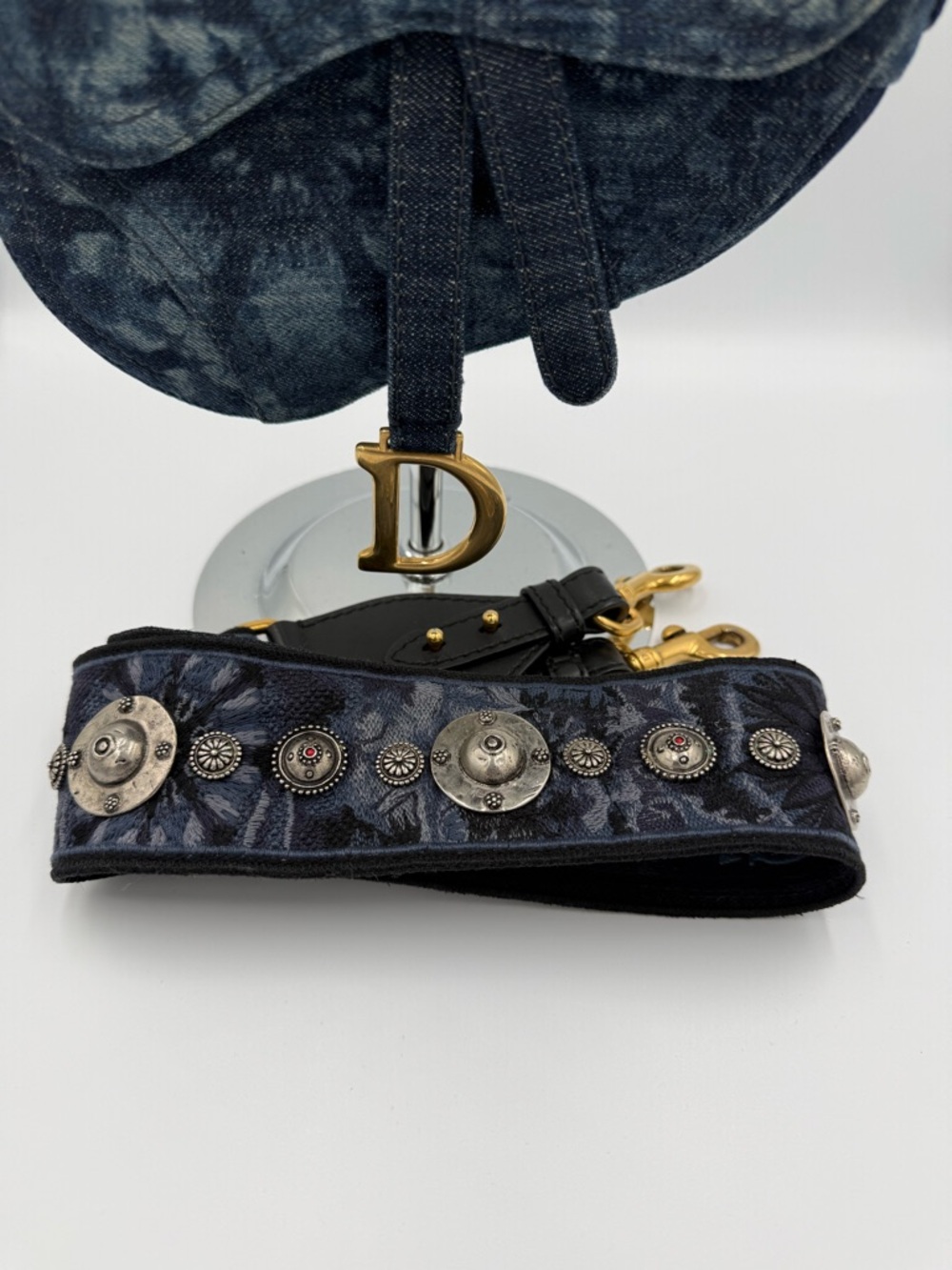 Dior Navy Denim Tie Dyed Saddle Mini Bag with Gold D Charm and Strap - Picture 3 of 16
